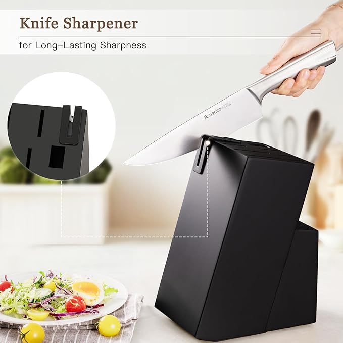 Astercook Knife Set Kitchen with Block and Sharpener Full Tang 15 Pcs Premium Stainless Steel Knives Dishwasher Safe Utensils Set with Ultra Sharp Blade and Anti-slip Ergonomic Handle, Elegant Black