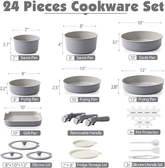 SENSARTE 24 Piece Ceramic Pots and Pans Set, Nonstick Detachable Handle Cookware, Induction Kitchen Cookware Set with Removable Handle, Healthy Non Stick for RV, Dishwasher＆Oven Safe, PFOA Free (Gray)