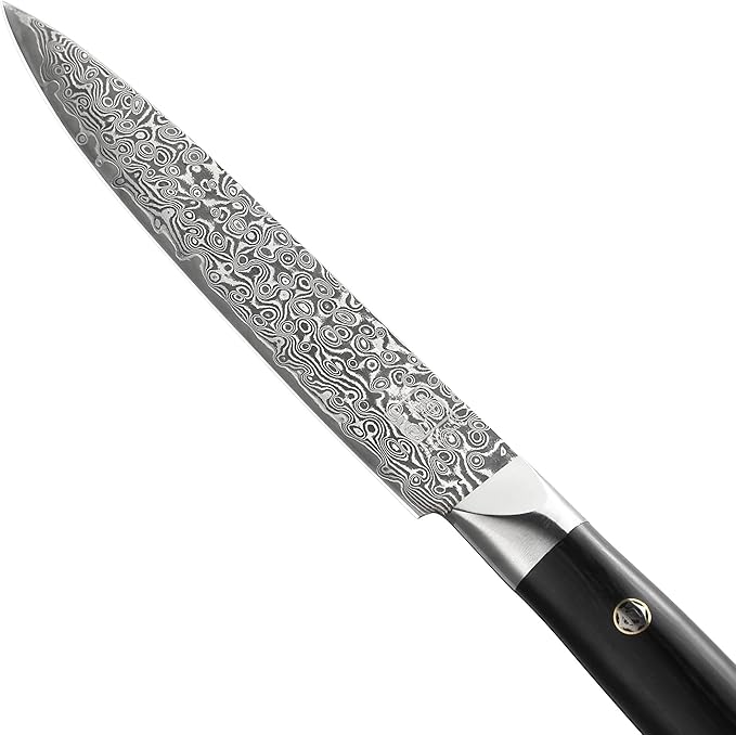 zayiko Black Edition Damascus Utility knife 5-inch blade extremely sharp from 67 layers I Damascus kitchen knives and professional chef's knives made of genuine Japanese Damascus with Pakka wood