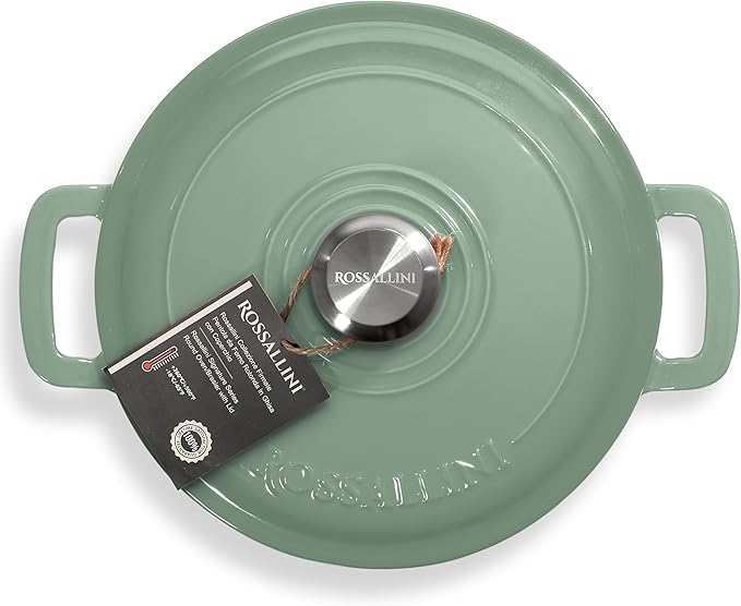 ROSSALLINI Signature Enameled Cast Iron Braiser, Non-Stick Serving Pot with Tight Fitting Lid for Perfect Roasting, Baking, Sauteing, Searing, and Pan Frying | 5Q (4.7L) - Sage