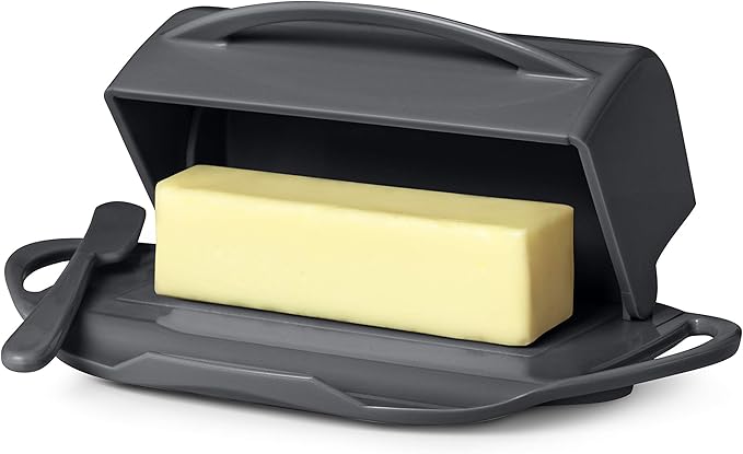 Butterie Flip-Top Butter Dish with Lid & Matching Knife, Holds 2 Sticks/European Butter, No-Mess Butter Holder, Shatterproof, Dishwasher Safe, Grey
