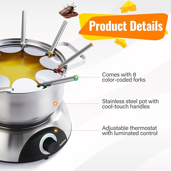 CUSIMAX Electric Fondue Set, 1500W Electric Fondue Pot with Luminous Control Dial, 8 Colour Coded Stainless Steel Forks, For Chocolate, Cheese, Broth, Oil, Stainless Steel Fondue Maker, 1.4Quart