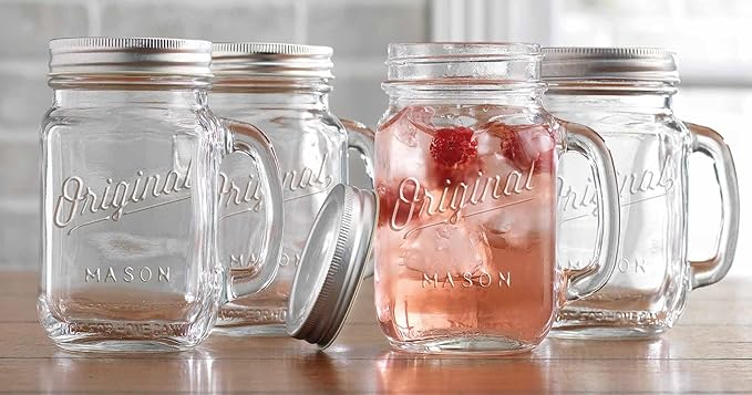 Glaver's Mason Jar 16 Oz. Glass Mugs with Handle and Lid Set Of 4 - Home Essentials & Beyond - Old Fashioned Drinking Glass Bottles Original Mason Jar Pint Sized Cup Set.