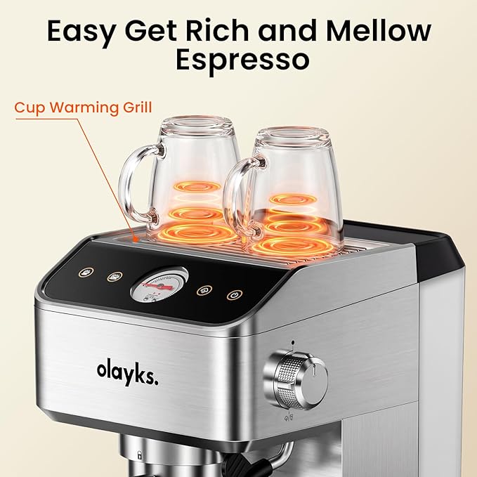 olayks. Espresso Machine 20 Bar, Brush Stainless Steel Espresso Maker with Milk Frother Steam Wand, 1400W Espresso Coffee Machine with 1.8L Removable Water Tank for Latte, Cappuccino,Machiato