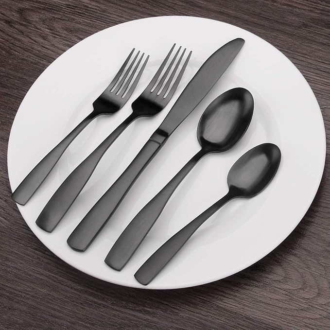 Matte Black Silverware Set, Bysta 40-Piece Stainless Steel Flatware Set, Kitchen Utensil Set Service for 8, Tableware Cutlery Set for Home and Restaurant, Satin Finish, Dishwasher Safe