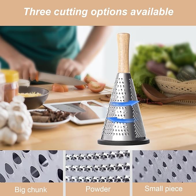 Cone Cheese Grater, 9.6 Inch Stainless Steel Grater and Zester Multifunction Graters with Wood Handle Parmesan Shaver for Cheese, Vegetables, Kitchen Use, 11×11×25.4CM