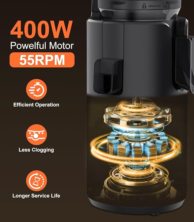 URVIBY Juicer Machines, 5.3" Large Feed Chute Cold Press Juicer with Double Press Technology, 400W Motor, High Juice Yield, Easy to Clean, Masticating Juicer for Whole Vegetables & Fruits, Black