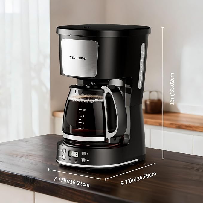SECPOEDR 12-Cup Drip Coffee Maker with Reusable Filter,Programmable Clock,Auto Brew,Water Window,Keep Hot Plate,Glass Carafe,Compact Design for Kitchen,Office,Silver and Black,Stainless Steel