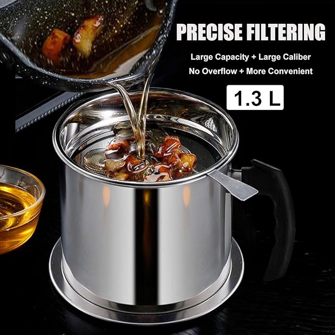 Bacon Grease Container With Removable Strainer Snug Lid Coaster Tray Stainless Steel Oil Container with Handle for frying oil bacon drippings Cooking Grease 1.3L(46 fl. oz.) (Style C)