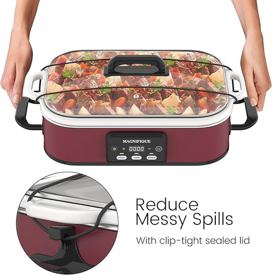 4 Quart Casserole Programmable Slow Cooker with Ceramic Baking Dish - Perfect Kitchen Small Appliance for Family Dinners, Oven Safe and Durable Bakeware for Lasagna, Roasts (Red)