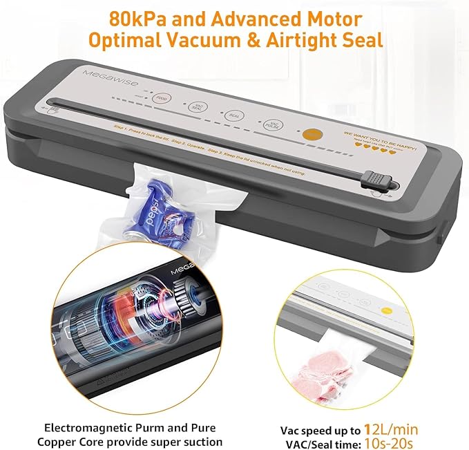 MEGAWISE Updated Vacuum Sealer Machine，MEGAWISE Food Sealer w/Starter Kit (Grey)