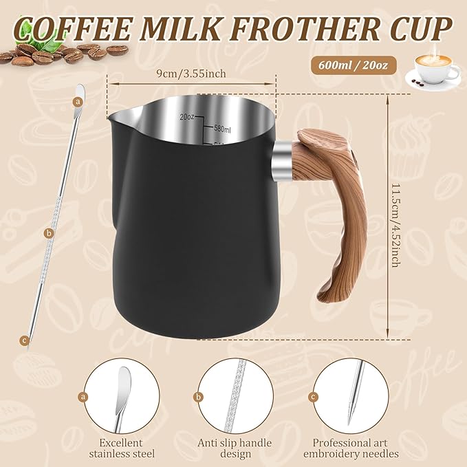 Milk Frothing Pitcher, 20oz/600ml Stainless Steel Milk Frother Cup Measurement, Barista Espresso Steaming Jug with Coffee Art Pen and Ergonomic Handle for Cappuccino Latte Art(black,600ml)