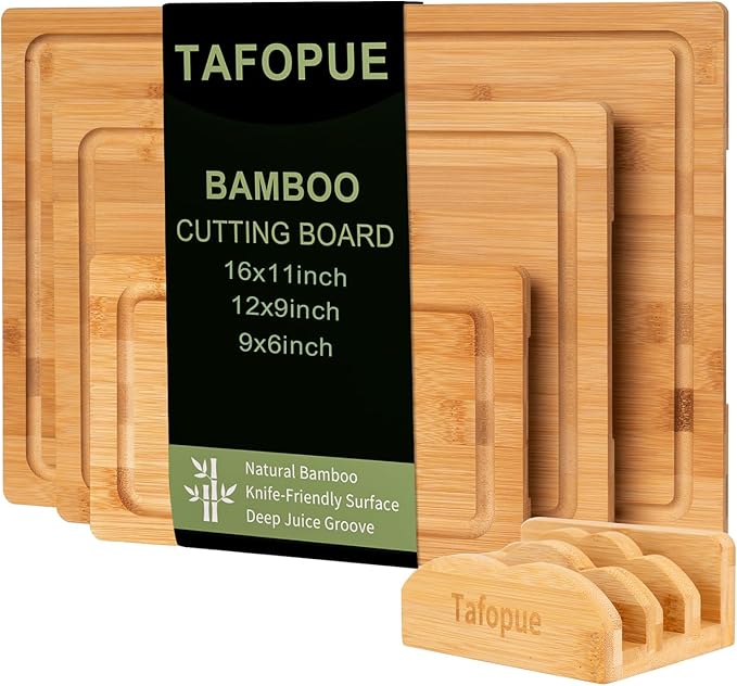Tafopue Bamboo Cutting Board Set of 3 with Stand, Wooden Chopping Boards for Kitchen, Reversible Butcher Block with Juice Groove & Handle, Charcuterie Boards for Meat, Vegetables, Fruit, Cheese