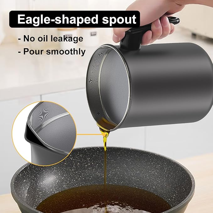 Bacon Grease Container with Fine Mesh Strainer - 1.7L / 6.8 Cups Cooking Oil Storage Can with Removable Dustproof Lid and Coaster Tray - Oil Pot for Used Cooking Oil, Fat, Frying Oil, Kitchen Fat