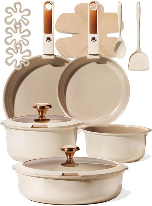CAROTE 18Pcs Ceramic Cookware Set with Detachable Handle, Pots and Pans Set Non Stick, Non Toxic Cookware Set Removable Handles, Induction Kitchen Cookware Sets, Dishwasher/Oven Safe