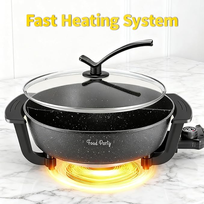 Food Party Electric Hot Pot with Divider Hotpot Pot Electric Hopot Cooker Shabu Shabu Pot 110V 1200W Non-Stick 6-Quart BPA FREE Fondue Chinese Hot Pot