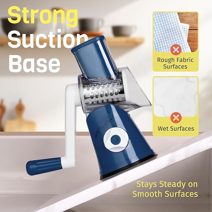Rotary Cheese Grater Hand Crank, 3 Blades Slicer Shredder, Cheese Grater for Kitchen, Multi-Functional Kitchen Tool for Vegetables, Nuts, Chocolate, with Strong Suction Base, Dark Blue