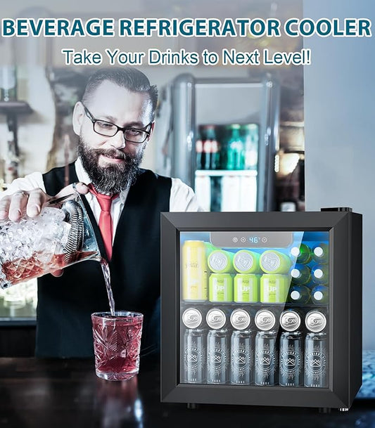 50 Cans Beverage Refrigerator Cooler, 1.3 Cu.ft Mini Fridge Countertop Drink Cooler with Glass Door for Beer, Soda,Wine, Adjustable Digital Temperature Control for Home Dorm Bar, Black