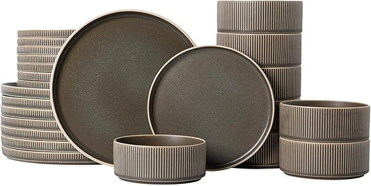Dinnerware Set Service for 8, 24-Piece Ceramic Plates and Bowls Set, Chip & Scratch Resistant, Microwave and Dishwasher Safe, Modern Minimalist Tableware for Everyday Use, Matte Green