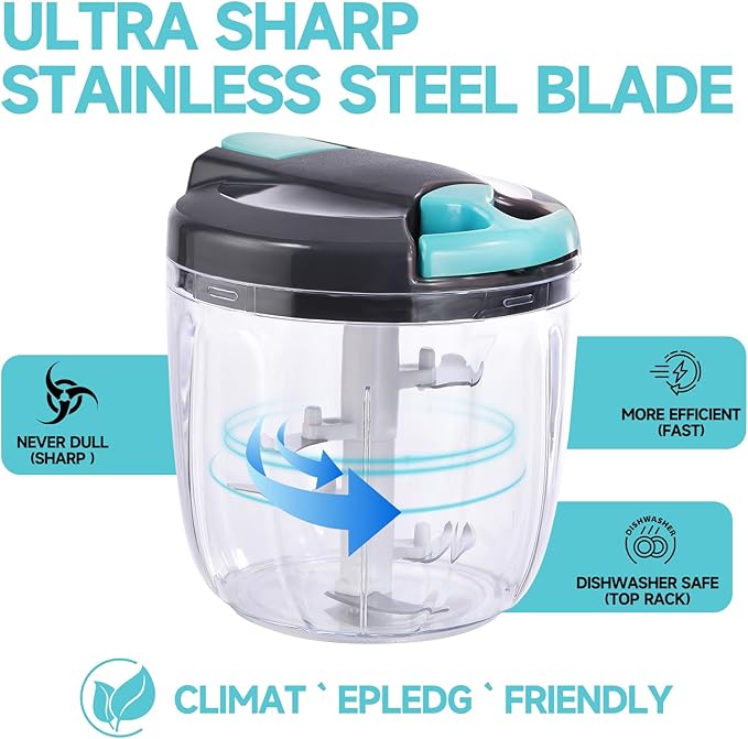 Ziweaye Manual Food Processor Vegetable Chopper, Portable Hand Pull String Garlic Mincer Onion Cutter for Veggies, Ginger, Fruits, Nuts, Herbs, etc., （900ml,Gray-blue）