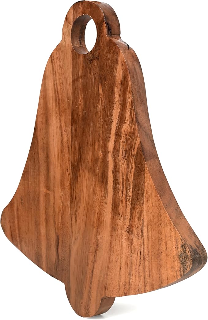 Treen Art Wooden Christmas Cutting Board for Kitchen Decor, 14"L x 13"W Bell Shaped Acacia Wood Chopping Board with Handle, Serving Charcuterie Platter