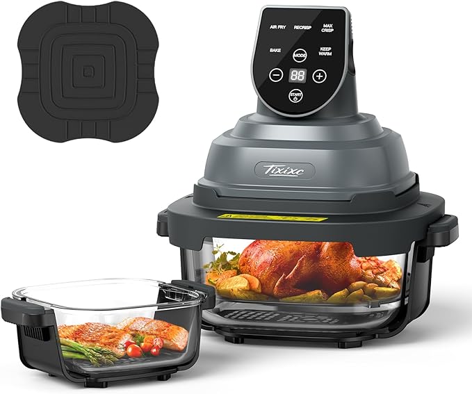 Tixixc 5-in-1 Portable Glass Air Fryer, 4QT & 6-Cup Glass Containers with Lids, Silicone Mat, 1500W Small Air Fryer, 90% Less Oil, Dishwasher/Freezer Safe for Single Servings, Family Meals