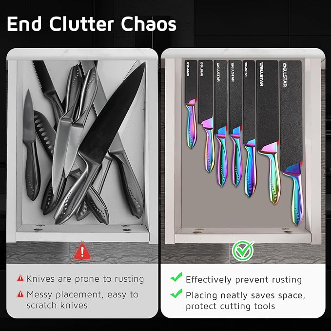 WELLSTAR Knife Edge Guards Set, 11 Piece Universal Blade Covers, BPA Free ABS Protective Blade Sheaths, Non-Scratch Felt Lining Kitchen Knives Covers (Knives not included)