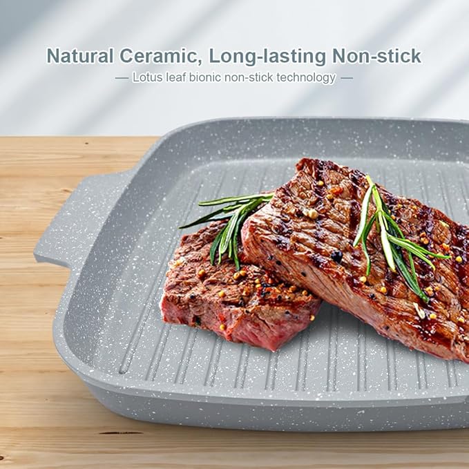 RANX INGST Nonstick Ceramic Griddle Pan with Lid, 10 Inch Steak Pan with Detachable Handle Induction Compatible, PFOA Free - Blue