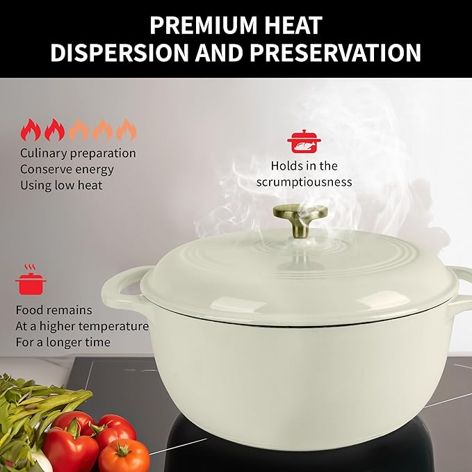 Fijxzct Premium Enameled Cast Iron Dutch Oven for Bread Baking | Non-Stick 5.5QT Oval Bread Oven with Lid | Perfect for Sourdough, Loaf, and Artisan Baking (Round Cream, 5.5 QT)