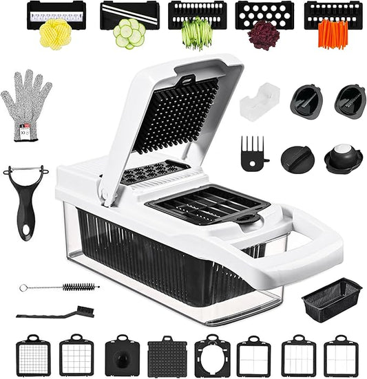 26-in-1 Vegetable Chopper with 8 Blades, Veggie Slicer & Dicer, Onion Chopper, Salad Chopper, Multi-Purpose Food Chopper with Container & Lid for Easy Meal Prep (Black & White)