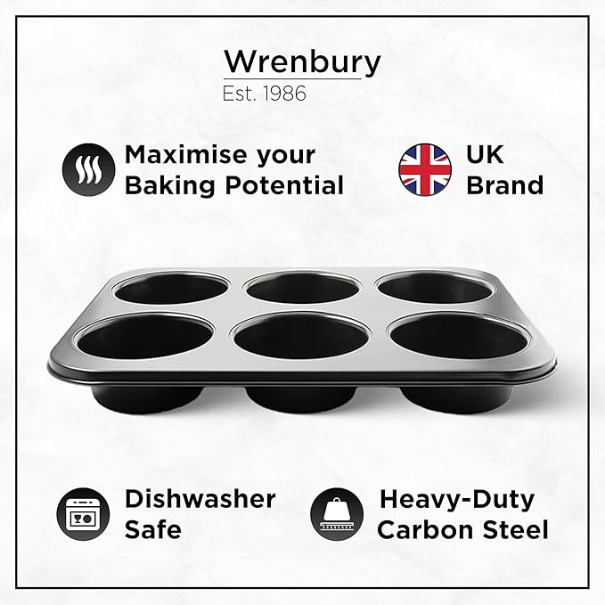 Wrenbury Jumbo Muffin Pan 6 Cup - Nonstick XL Deep Muffin Pan for Baking 3.75" Cup - Oversized Extra Large Cupcake Mold - Dishwasher Safe - PTFE Free - 446°F Oven Safe