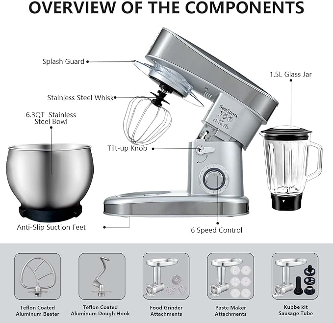 SeaSpark Multifunctional Stand Mixer, 6 in 1 Stand Mixer, 6.3Qt Tilt-head, Standing Mixer with Stainless Steel Bowl, Meat Grinder, Juice Blender, for professional Baking and Most Home Cooks, Silver