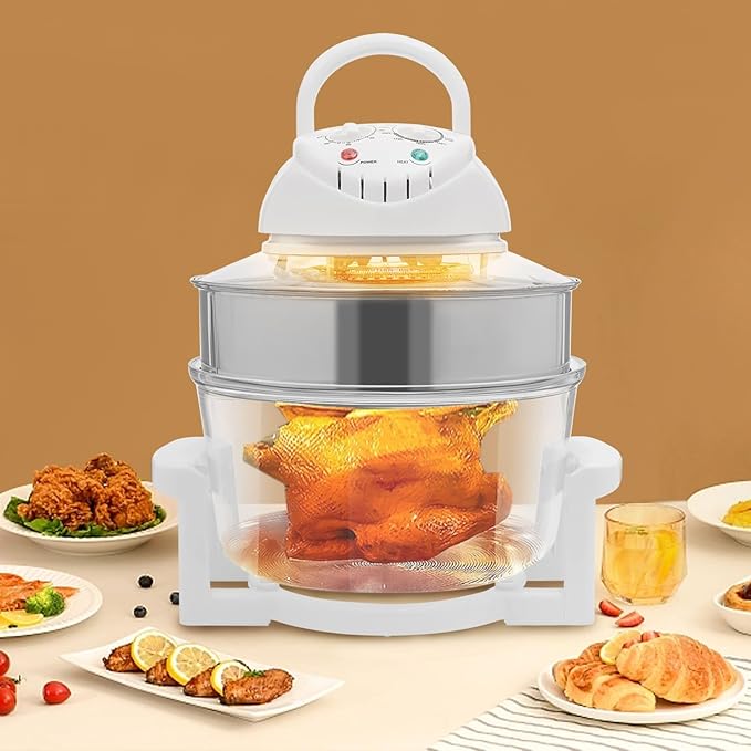 trggvvrt 17L/17.96Qt Turbo Electric Glass Air Fryer w/ 2 Grill, Electric Turbo Convection Oven Roaste, 360° Viewable Airy Fryer with Expansion Ring, Multifunction Oilless Halogen Oven