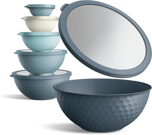 COOK WITH COLOR Mixing Bowls with Lids - 12 Piece Plastic Nesting Bowls Set includes 6 Prep Bowls and 6 Lids, Non Slip Bottom and Embossed Design - Microwave Safe (Blue)