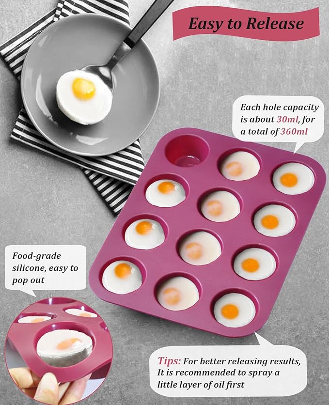 Sinoskye Silicone Muffin Pan, 12-Cup Cupcake Pan with Silicone Pastry Brush for Mini Egg Muffin, Keto Diet, BPA Free, Dark Red