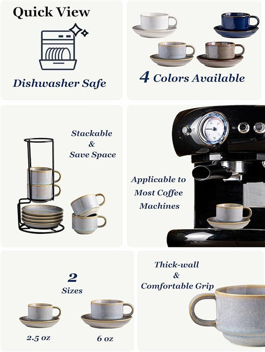 Gomakren 2.5 Ounce Espresso Cups Set of 4, Small Stackable Coffee Cups with Saucers and Metal Stand, Valentine Porcelain Demitasse Cups for Specialty Coffee Drinks, Espresso, Cappuccino, Latte, Gray