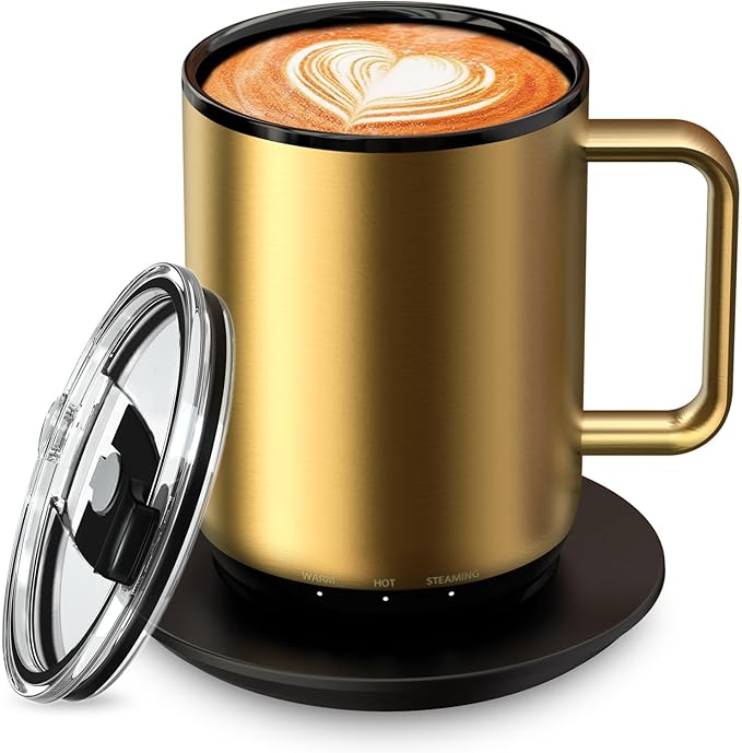 Vsitoo S3 Plus 14oz Heated Coffee Mug- Temperature Control Smart Mug with Mug Warmer, Auto-Sensing AI Heats Drinks to 120-150°F Hands-Free.Ideal for Home/Office/Gifts，Gold
