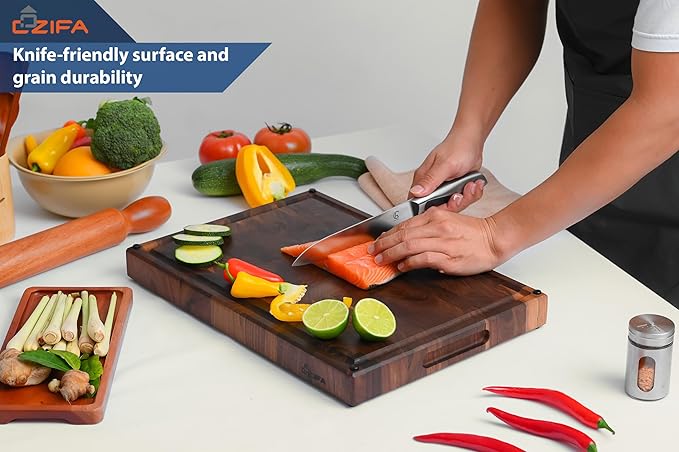Cozifa American Black Walnut Wood Cutting Board 20"x15"x2"(Large and Thick) for Kitchen with Juice Groove, Inner Handles, End Grain Butcher Block Finished with Linseed Oil, Beeswax, Lemon Oil, Giftbox