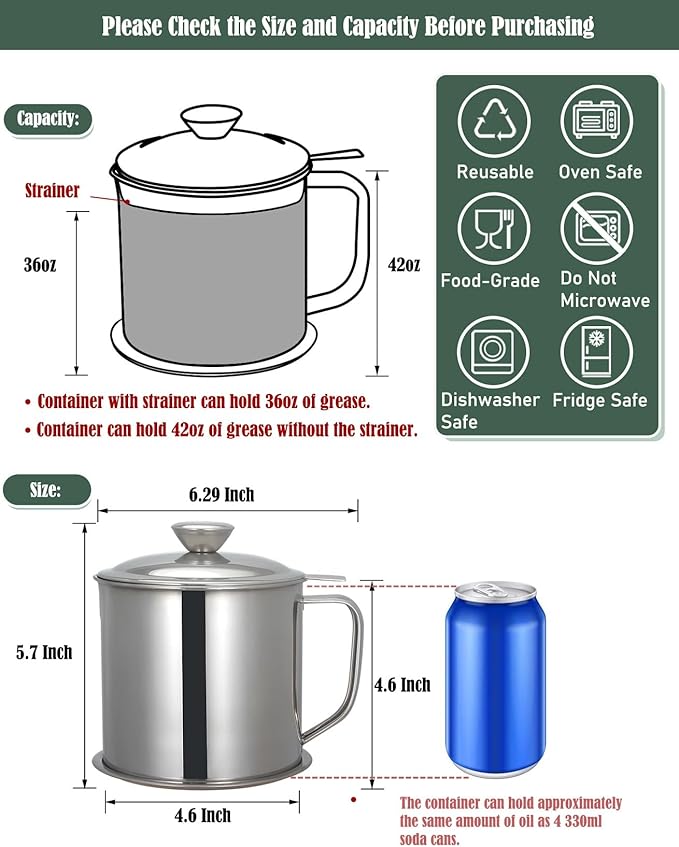 Tellshun Bacon Grease Container with Strainer 1.25 L / 42 oz Strong Kitchen Catcher Food-grade Stainless Steel Cooking Oil Keeper with Lid and Easy-Grip Handle Suitable for Storing Frying Oil