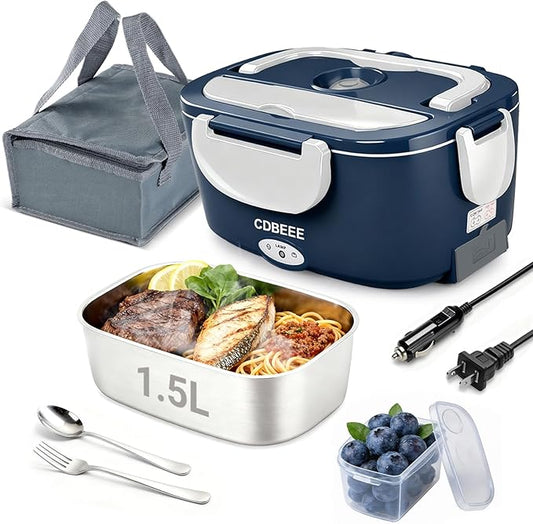 Electric Lunch Box Food Heater - 80W Fast Heating, 1.5L Heated Lunch Box Leak-Proof 304 Stainless Steel Portable Food Warmer, (12V/24V Car/Truck & 110V Home), Ideal for Work/Travel（Blue-white）