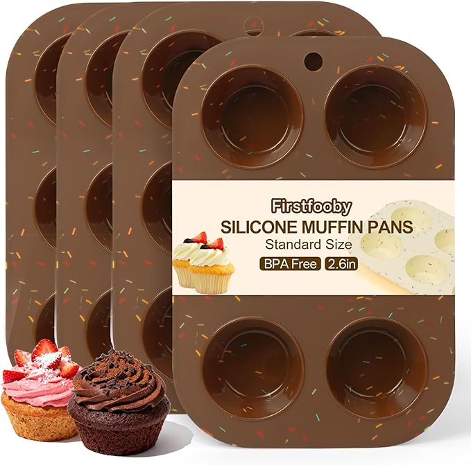 Firstfooby 4 Pack Silicone Muffin Pan for Baking, Regular Size Nonstick Cupcake Pan, 6-Cup Silicone Muffin Tin BPA Free Dishwasher Safe, Great for Muffin Cupcake Brownie Egg Tart