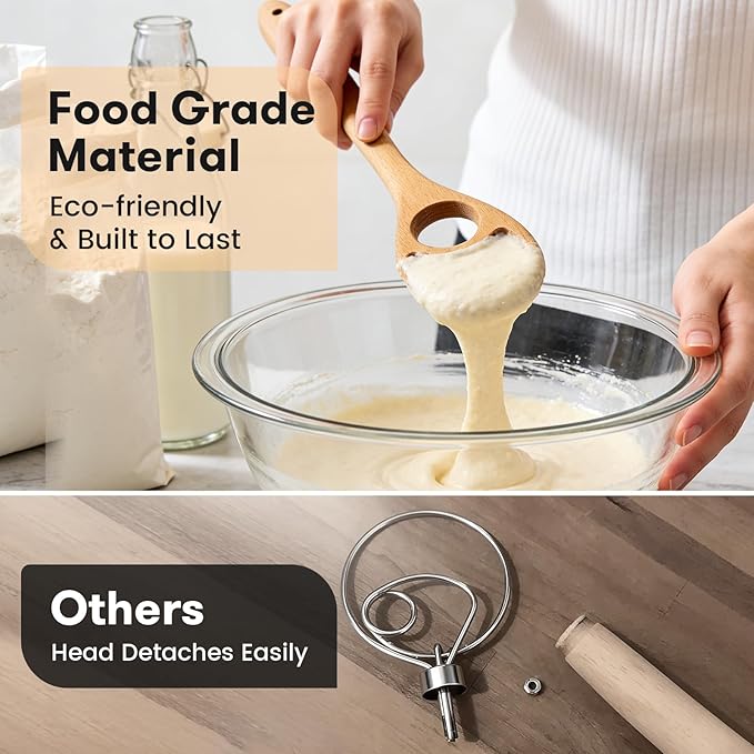 Danish Dough Whisk - 12.6" Solid Beech Wood Bread Whisk for Batter, Pizza Dough & Baking - Upgraded One-Piece Sourdough Whisk with Flow-Through Design-2 Pack