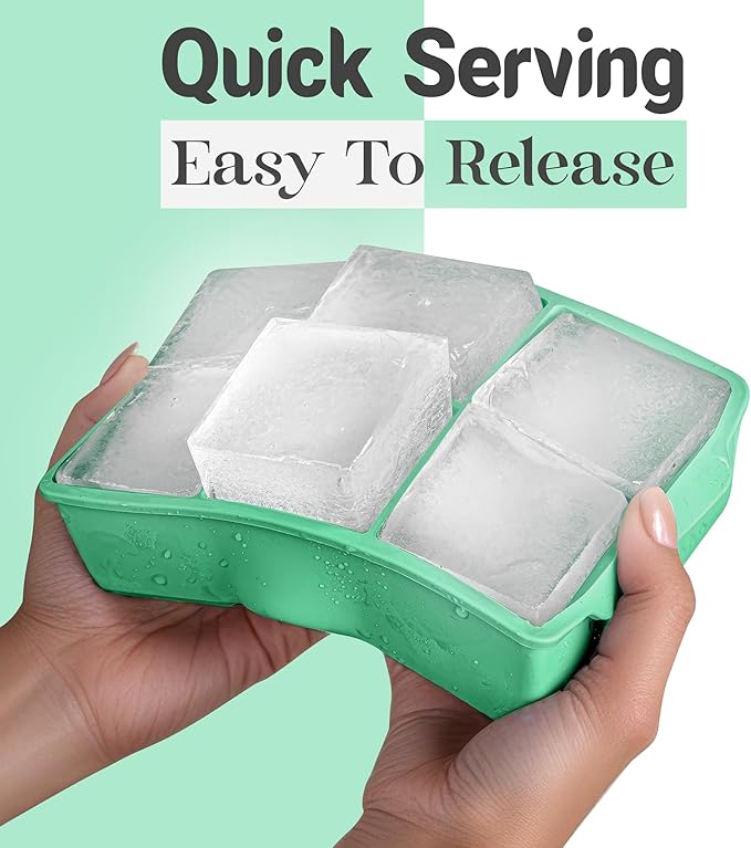 KitchFort Large Silicone Ice Cube Tray (2-Pack), Easy Release 2" Big Ice Cubes - Cocktail, Whiskey Ice Cubes Mold - Ice Trays for Freezer with Lid - Stackable Silicone Ice Tray - Green