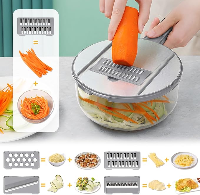 Mandoline Slicer with Hand Protector, Interchangeable Blade Vegetable Slicer Mandoline, Cucumber Slicer with Colander for Potato, Tomato, Carrot (Grey)