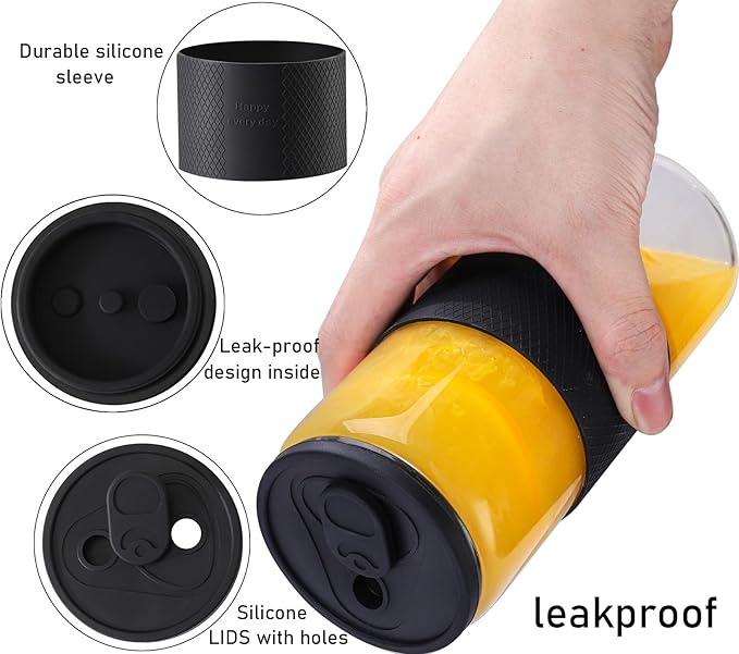 20oz Can Shaped Glass Cups with Silicone Lids and Glass Straws, 2PCS Drinking Glasses with Lids and Straws, and Silicone Sleeves, Beer Glasses, Iced Coffee Cups, Soda, Gift - Black