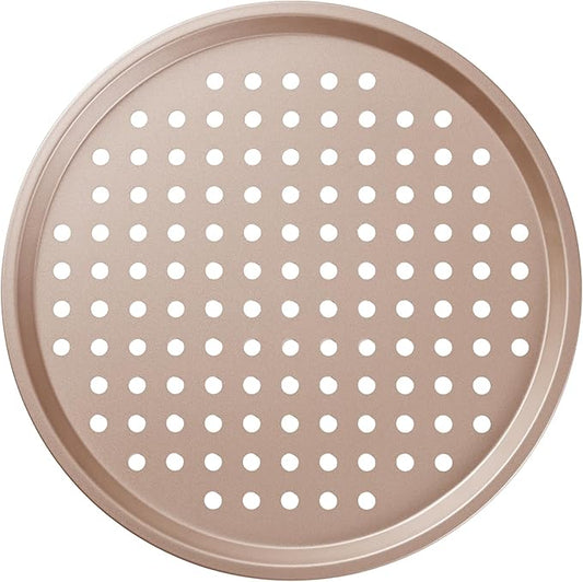 Bakeley 12-inch Air Crisp Perforated Pizza Pan with Hole, Heavy Duty Carbon Steel, Non-Stick Pancake Bakeware for Oven Baking (Champagne Gold)