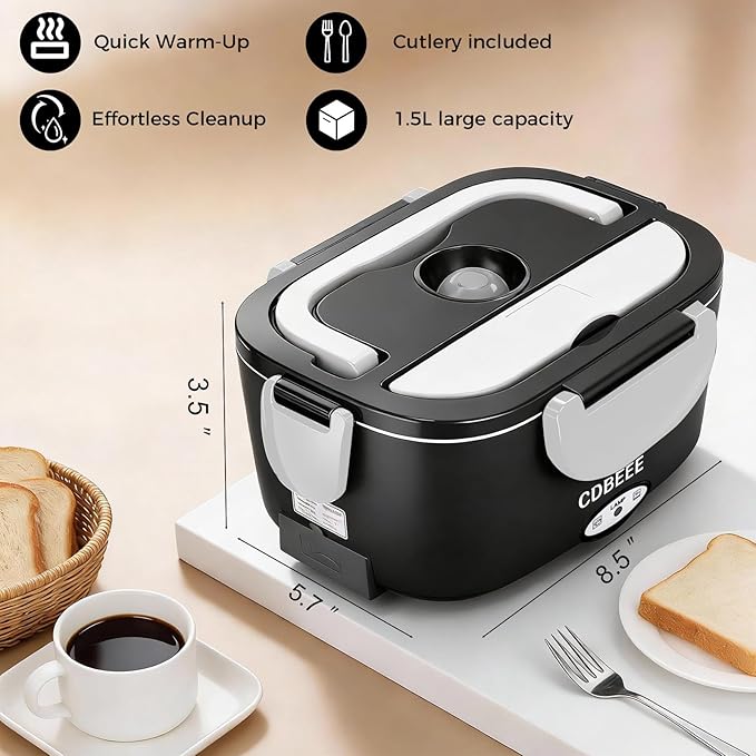 Electric Lunch Box Food Heater - 80W Fast Heating, 1.5L Heated Lunch Box Leak-Proof 304 Stainless Steel Portable Food Warmer, (12V/24V Car/Truck & 110V Home), Ideal for Work/Travel（Black-white）