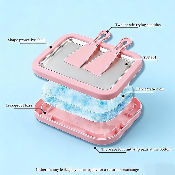 Rolled Ice Cream Maker, Portable Instant Rolled Ice Cream Tray with Dual Scrapers, DIY Rolled Ice Cream Homemade Italian Ice Cream, Sorbet, Frozen Yogurt tray (Pink)