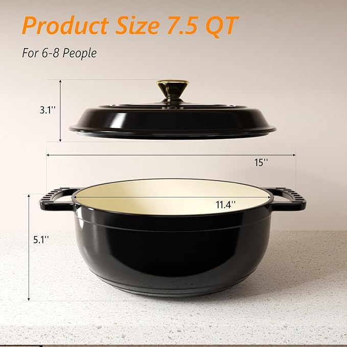 ROVSUN Enameled Cast Iron Round Dutch Oven, 7.5QT Pot with Lid &Dual Handles with Silicone Gloves,Oven Safe up to 500°F, Heavy-Duty Pre-Seasoned Cookware for Bread Baking, Braising, Stews, Roasting,Black