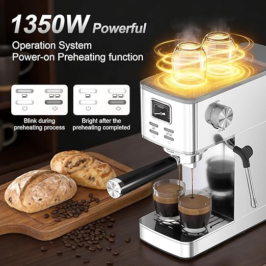 Electactic Espresso Machine 20 Bar, Compact Espresso Coffee Machine with Steam Milk Frother & 47oz Removable Water Tank, Hot Water Function for Home Cappuccino, Latte